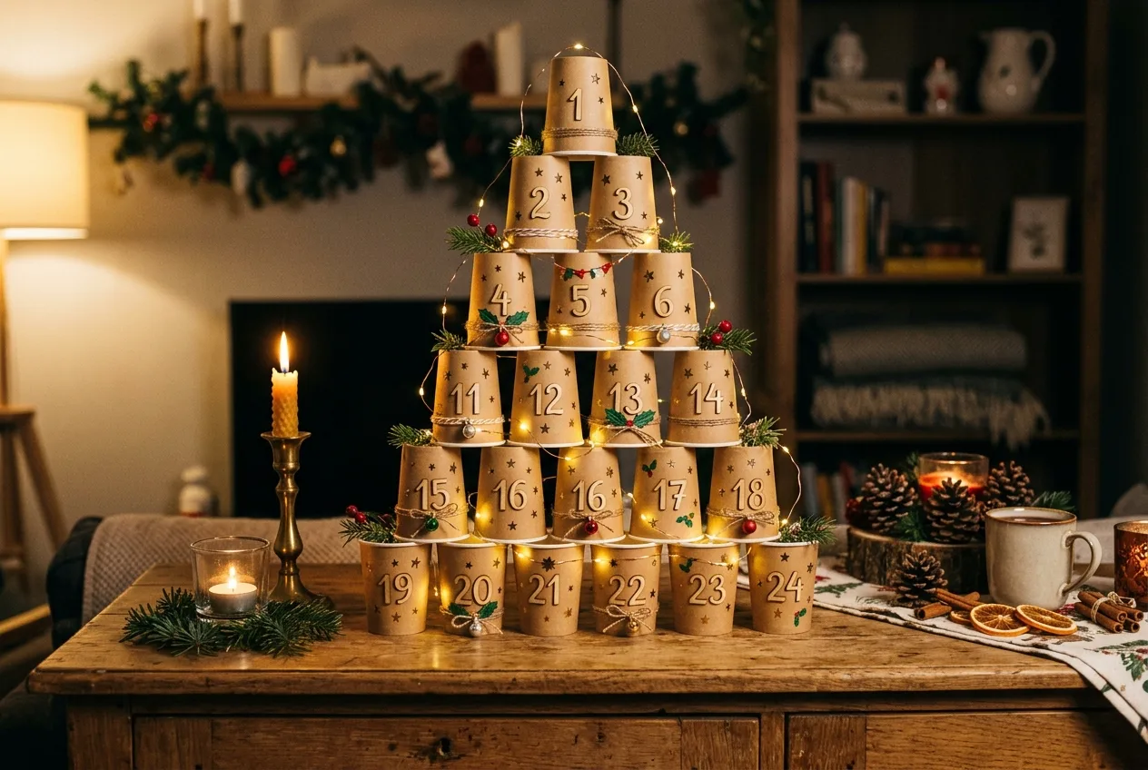 Adventskalender aus gestapelten Pappbechern in Form eines Tannenbaums mit nummerierten Bechern und kleinen Sternen auf einer Holzkommode, daneben eine Kerze, Zimtstangen und Lichterketten