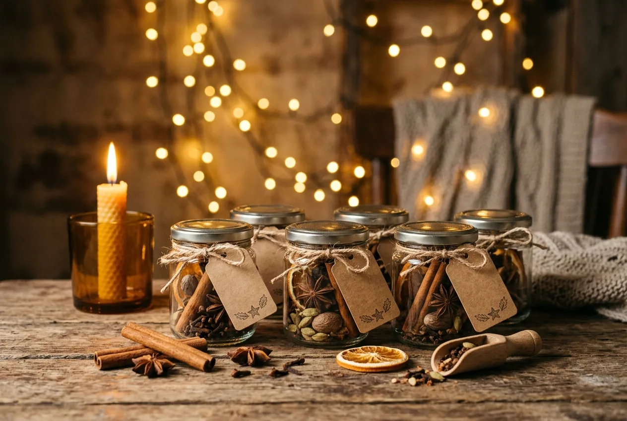 Kleine Gläser mit selbst gemischtem Glühweingewürz aus Zimt, Sternanis, Nelken und Orangenschale, daneben Kraftpapier-Anhänger, eine Kerze und warme Lichterketten