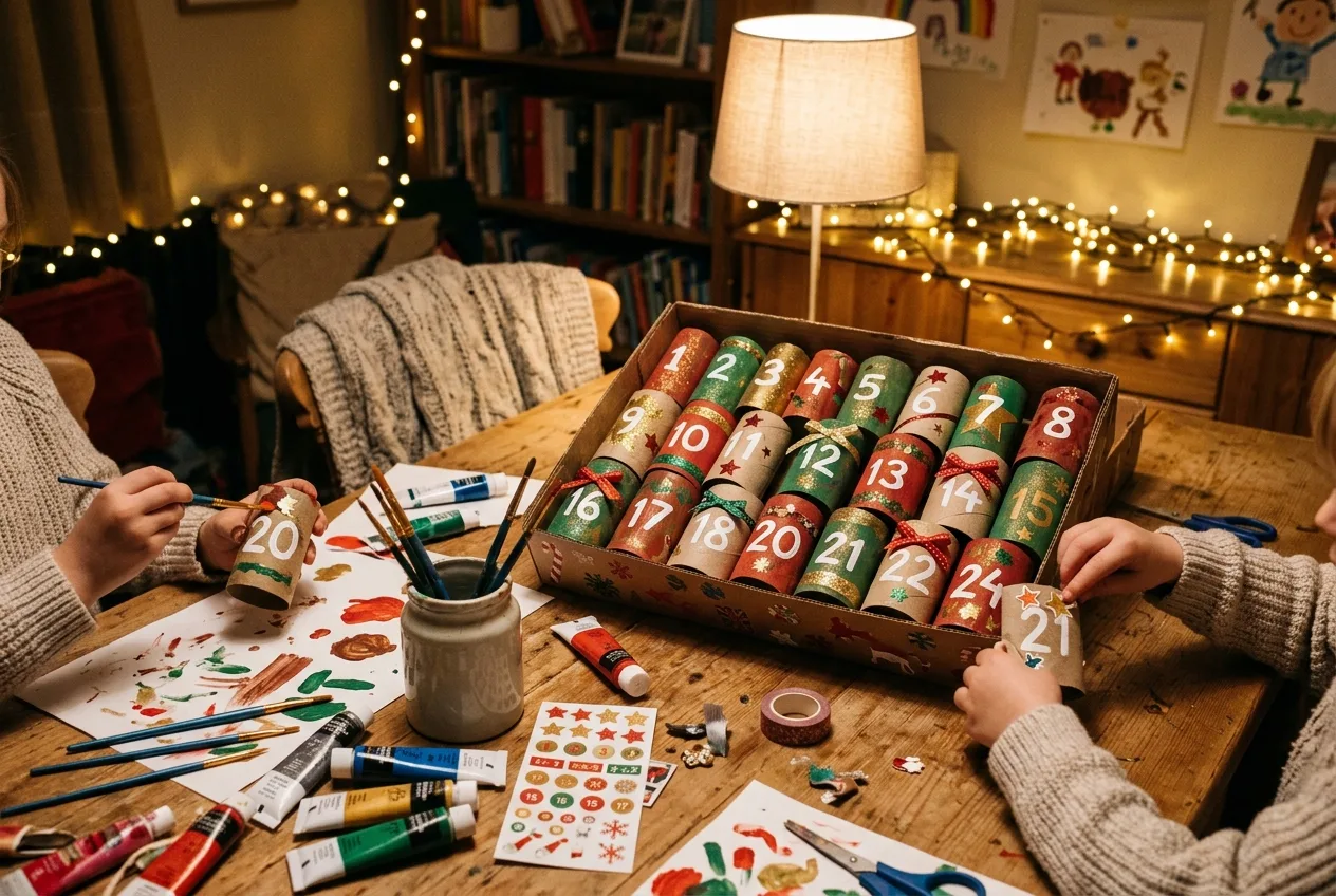 Kinderhände bemalen und bekleben Klorollen als Adventskalender, ein Karton mit 24 nummerierten Rollen in Rot und Grün steht auf dem Tisch, daneben Farben, Pinsel und Sticker, im Hintergrund Lampe und Lichterketten
