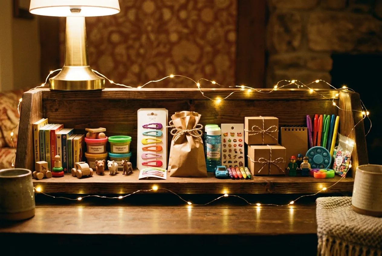 Kleine Geschenke für einen Kinder-Adventskalender auf einem Holztisch: Holzautos, Buntstifte, ein kleines Plüschtier, Sticker, ein Mini-Puzzle und Notizbücher in Kraftpapiertüten mit Zahlen, im Hintergrund warme Lichterketten und eine Kerze