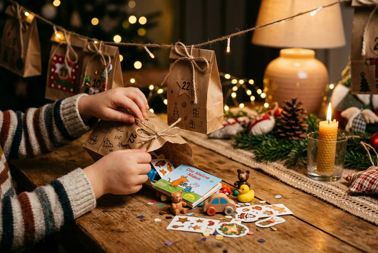 Kinderhände öffnen eine kleine Kraftpapiertüte eines Adventskalenders, kleine Spielsachen, ein Bilderbuch und Sticker liegen auf dem Holztisch, daneben eine Kerze und warme Lichterketten