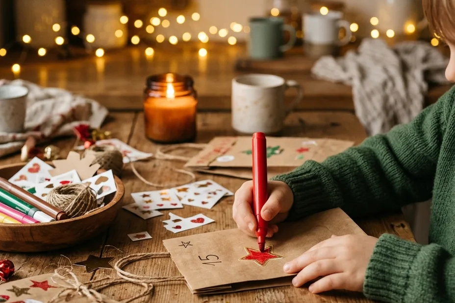 Kinderhände bemalen und bekleben eine Kraftpapiertüte für einen Adventskalender mit roten Stiften und Stickern am Holztisch, im Hintergrund Kerze und warme Lichterketten