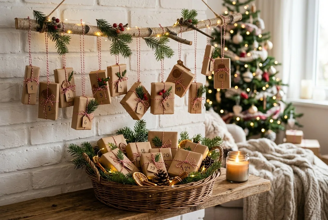 Selbst gemachter Adventskalender für Erwachsene: 24 kleine Päckchen in Kraftpapier mit Zahlenanhängern und Bäckergarn, an einem Zweig und in einem Korb, dazwischen Tannenzweige und eine Lichterkette