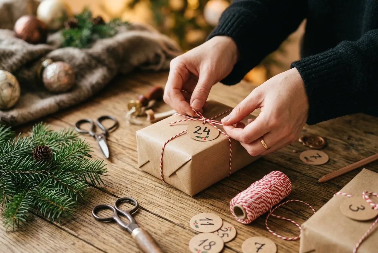 Hände verpacken kleine Päckchen in Kraftpapier mit Bäckergarn, daneben Zahlenanhänger von 1 bis 24, eine Schere und Tannenzweige auf einem Holztisch