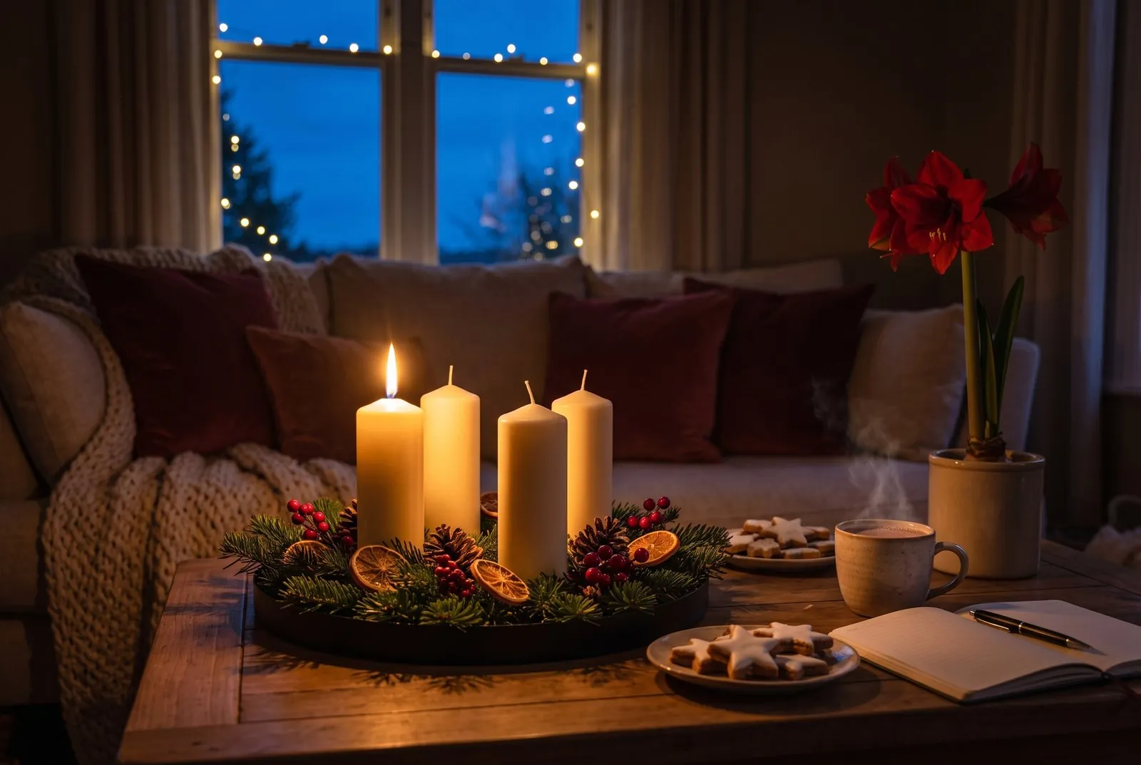 Moderner Adventskranz mit vier cremefarbenen Stumpenkerzen, Tannengrün, Zapfen und Orangenscheiben auf einem Couchtisch, die erste Kerze brennt, daneben Sternplätzchen, eine Tasse, ein Notizbuch und rote Amaryllis