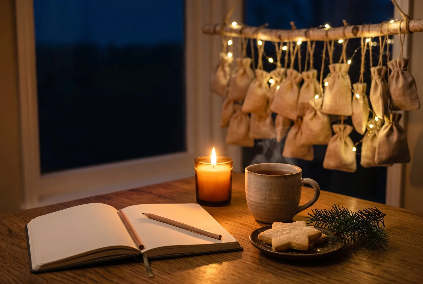 Aufgeschlagenes Notizbuch mit Bleistift, brennende Kerze, dampfende Tasse und ein Plätzchen auf einem Holztisch, dahinter ein Adventskalender aus Stoffsäckchen an einem Birkenast