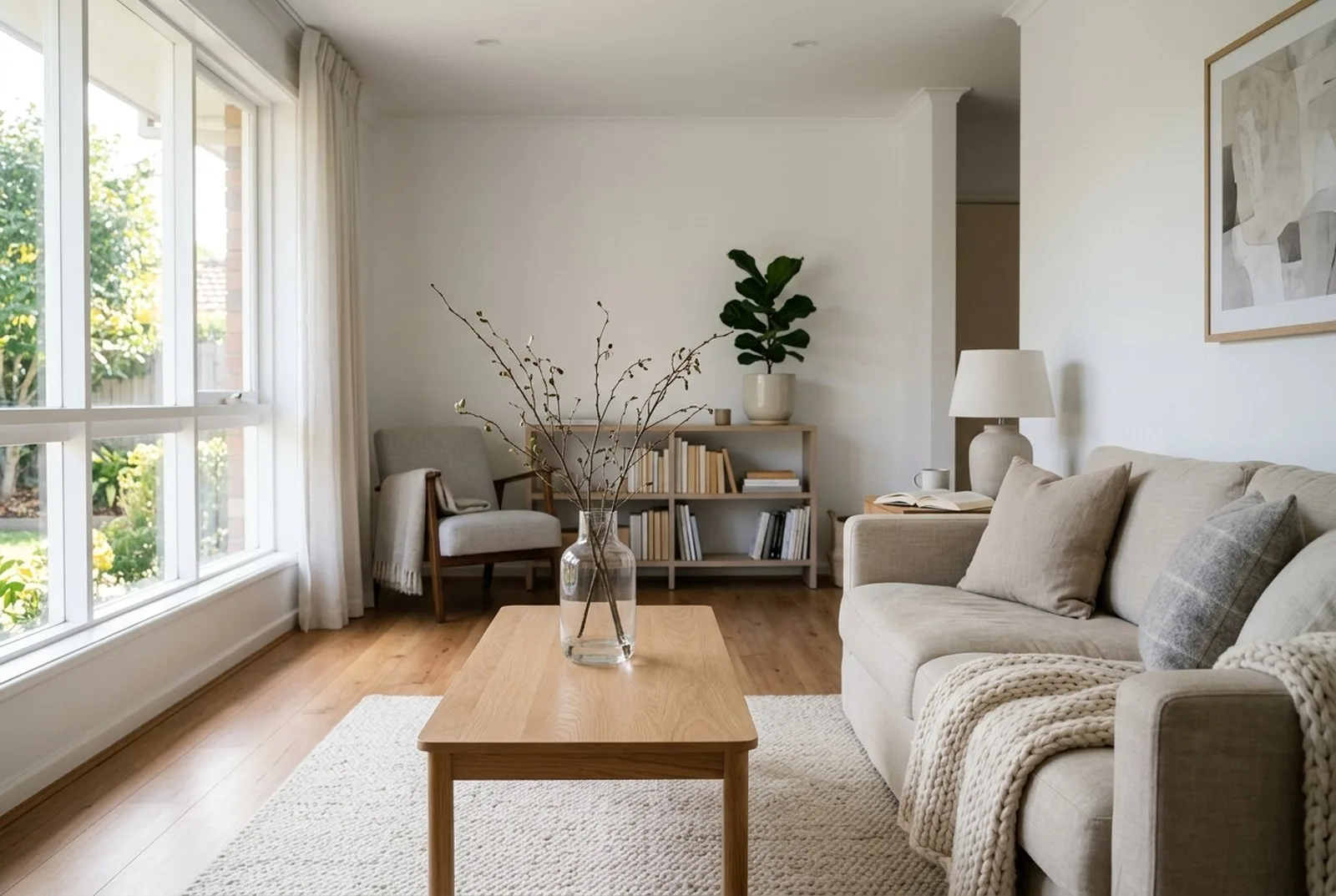 Aufgeräumtes, ruhiges Wohnzimmer nach dem Ausmisten mit freiem Couchtisch, einer Vase mit Zweigen und viel Licht