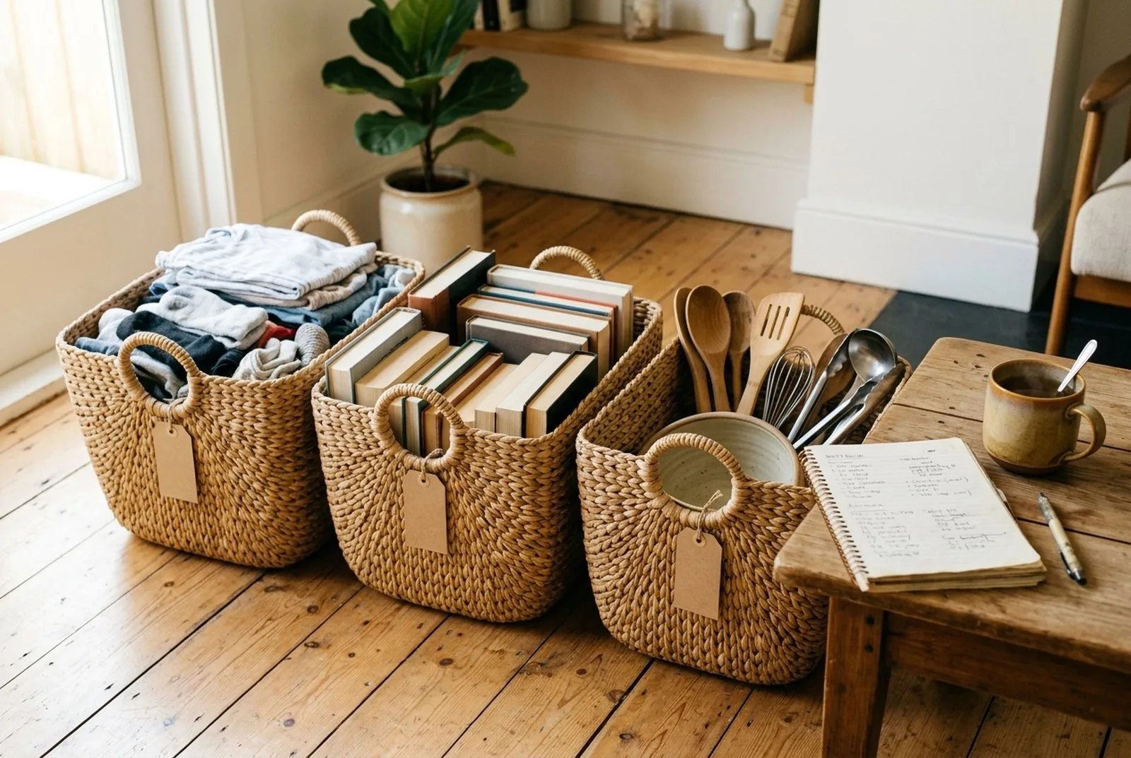 Heller Raum mit drei geflochtenen Körben mit Anhängern aus Packpapier auf dem Holzboden, darin Kleidung, Bücher und Küchenutensilien, daneben ein Notizbuch mit einer Liste und eine Tasse Tee