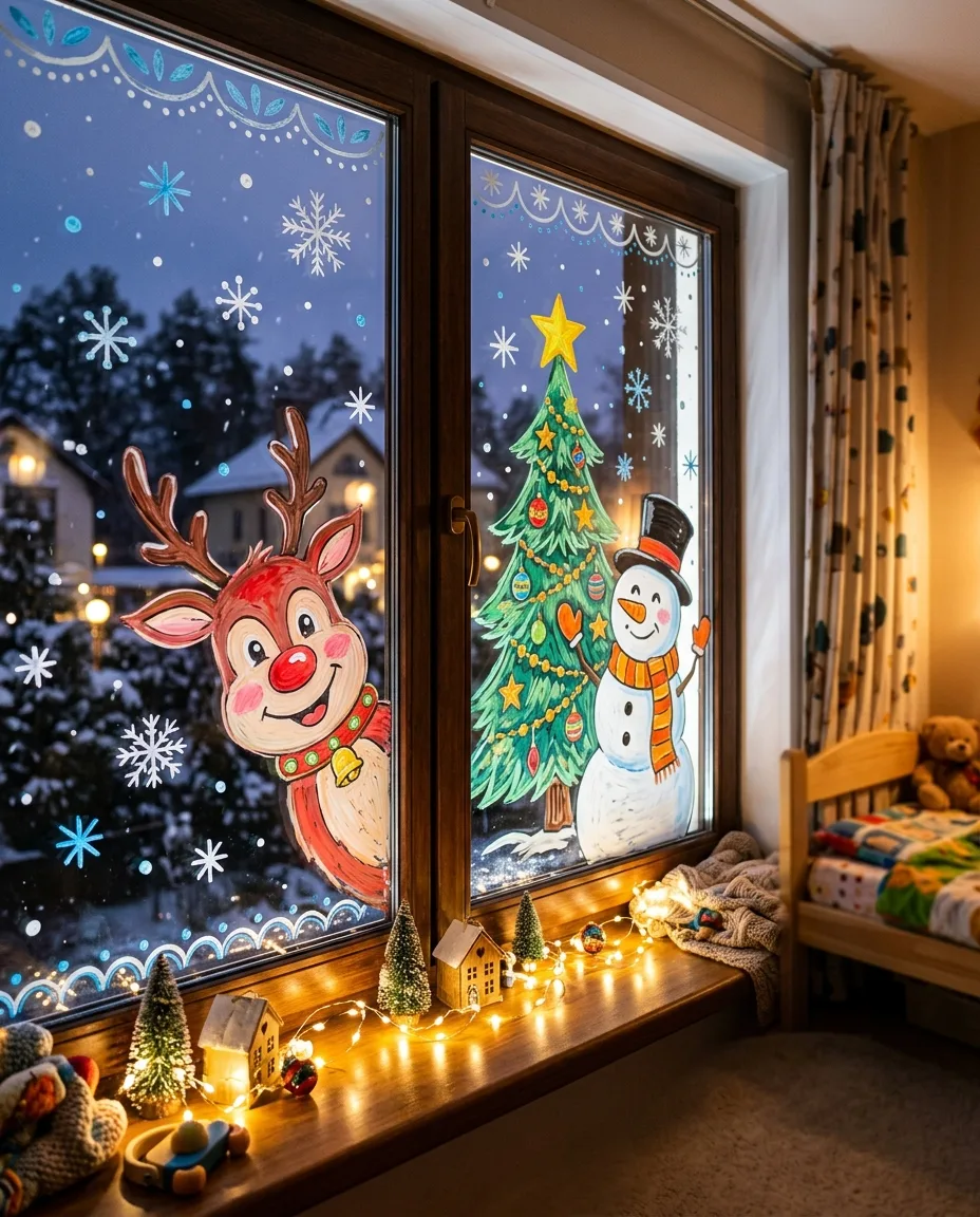 Kinderzimmerfenster zu Weihnachten bunt mit Kreidestiften bemalt: ein Rentier mit roter Nase, ein Tannenbaum mit goldenem Stern, ein Schneemann mit Schal und viele Schneeflocken, auf der Fensterbank leuchtet eine Lichterkette