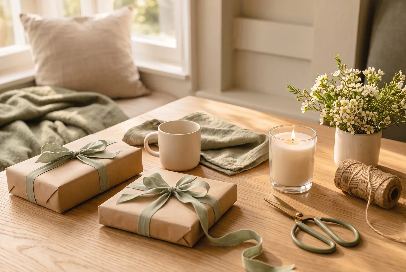 Zwei Geschenke in braunem Naturpapier mit salbeigrünem Band auf einem Tisch aus heller Eiche, daneben eine Keramiktasse, eine Kerze und weiße Blumen