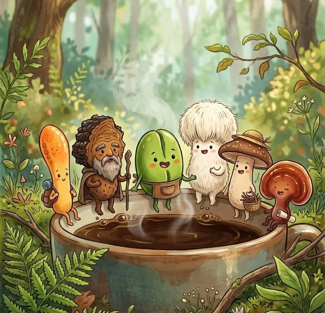Illustration: fünf kleine Pilzfiguren und eine grüne Kaffeebohne sitzen im Wald auf dem Rand einer großen dampfenden Kaffeetasse