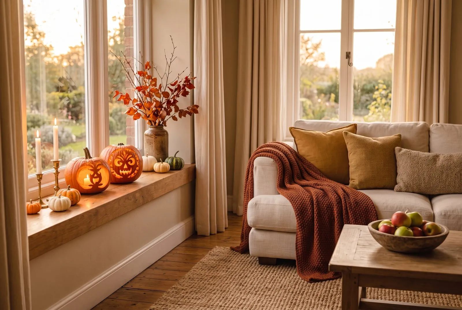 Gemütliches Wohnzimmer an Halloween mit geschnitzten, leuchtenden Kürbissen auf der Fensterbank, kleinen weißen und orangefarbenen Kürbissen, Kerzen, Herbstzweigen in einer Vase und einem Sofa mit rostroter Decke und senfgelben Kissen