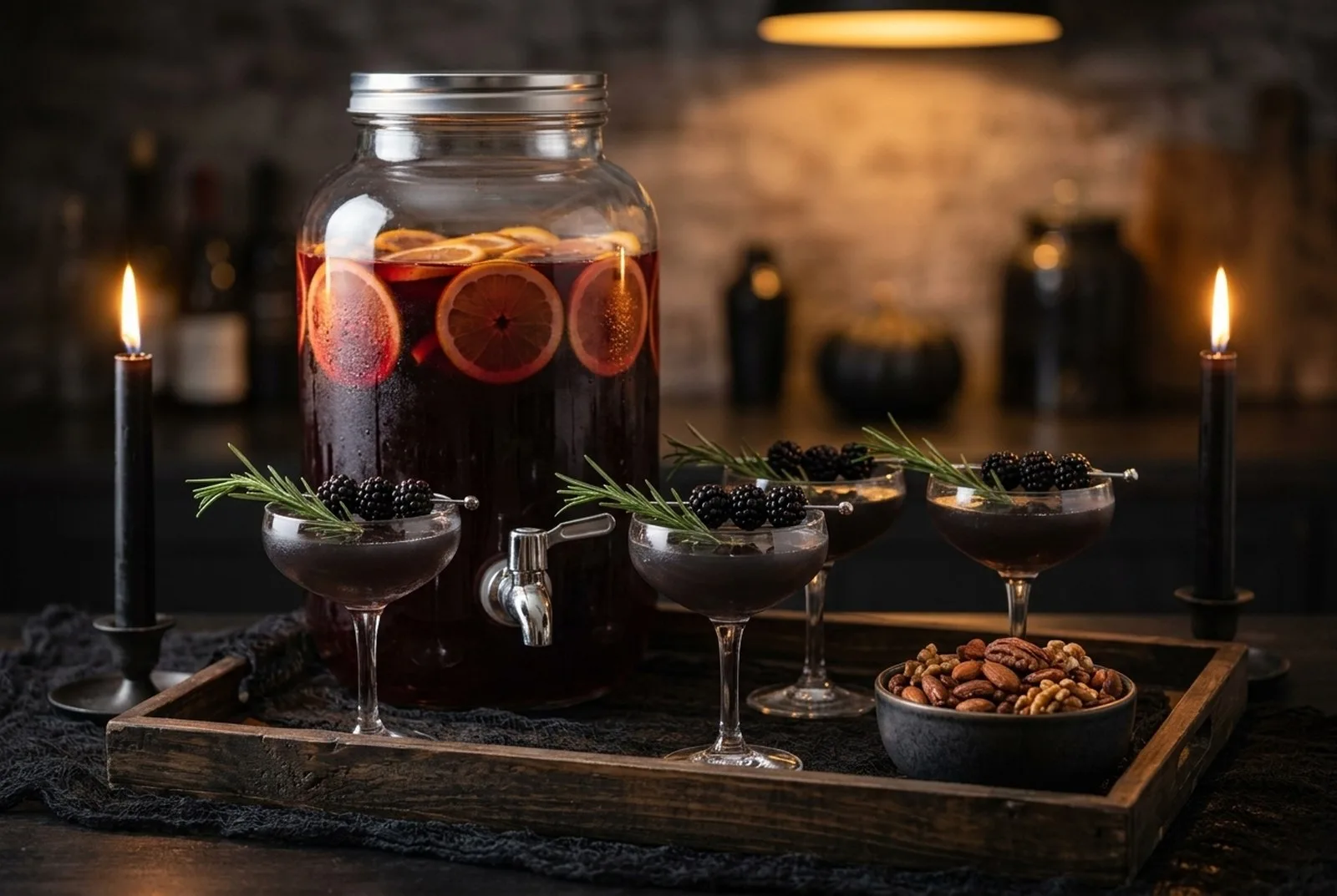 Halloween-Drinks auf einem dunklen Tablett: Glasspender mit tiefrotem Punsch und Orangenscheiben, Coupe-Gläser mit dunklen Cocktails, garniert mit Rosmarin und Brombeeren, eine Schale Nüsse und schwarze Kerzen