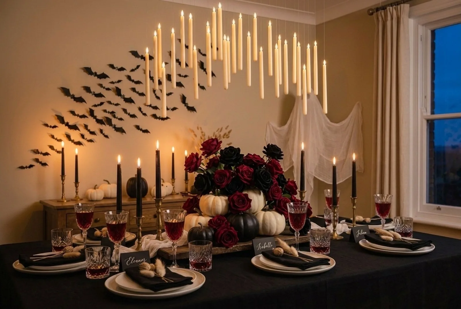 Elegant gedeckter Halloween-Tisch für Erwachsene: schwarze Tischdecke, Kerzenleuchter mit vielen brennenden schwarzen und elfenbeinfarbenen Kerzen, weiße und schwarze Kürbisse, dunkelrote Rosen, Kristallgläser mit tiefroten Drinks, schwarze Servietten und Tischkarten, darüber schwebende Kerzen und Fledermäuse an der Wand