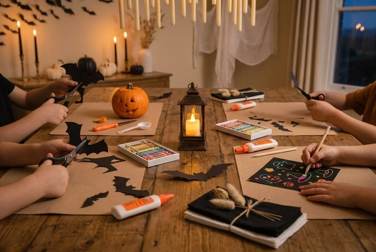 Bastelecke für Kinder an einem Holztisch: schwarze Papierfledermäuse zum Ausschneiden, Halloween-Kratzbilder, ein Kürbis-Schnitzset neben einem halb geschnitzten Kürbis und eine Laterne, Kinderhände beim Basteln