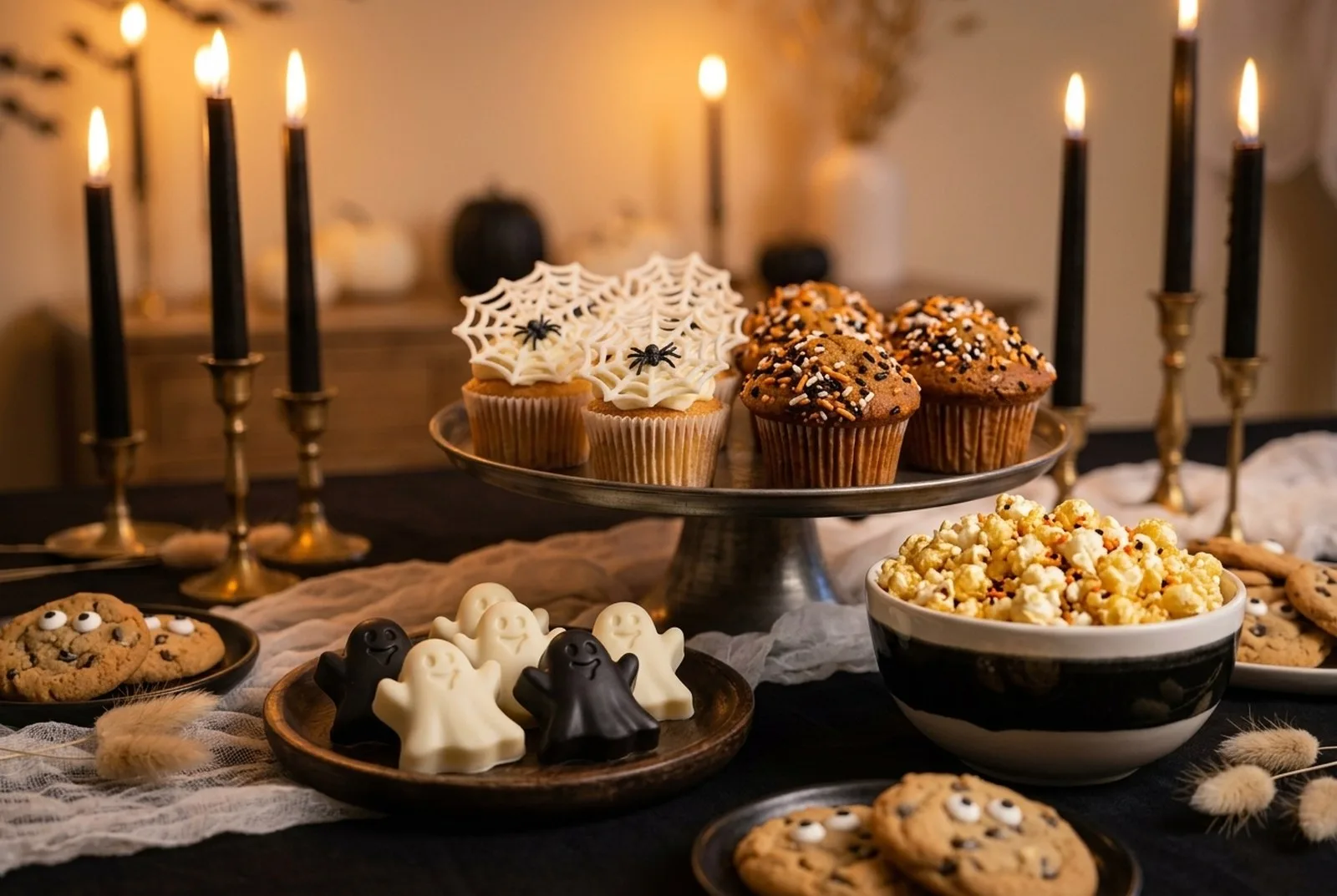 Halloween-Leckereien auf schwarzem Tisch: Cupcakes mit weißen Oblaten-Spinnennetzen, Muffins mit schwarzen, weißen und orangen Streuseln, Schokoladengeister aus der Silikonform, Kekse mit Zuckeraugen und eine Schale Popcorn, dahinter brennende schwarze Kerzen