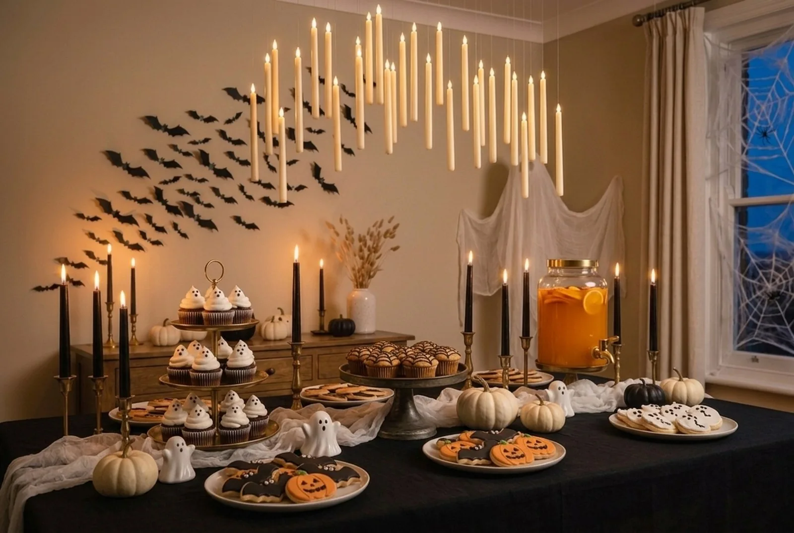 Halloween-Party-Buffet am Abend in Schwarz und Weiß: schwarze Tischdecke mit Geister-Cupcakes, Fledermaus-Keksen, Spinnennetz-Muffins, einem Getränkespender mit Punsch, Mini-Kürbissen und brennenden schwarzen Kerzen in Messing, dahinter Papierfledermäuse an der Wand und schwebende Kerzen