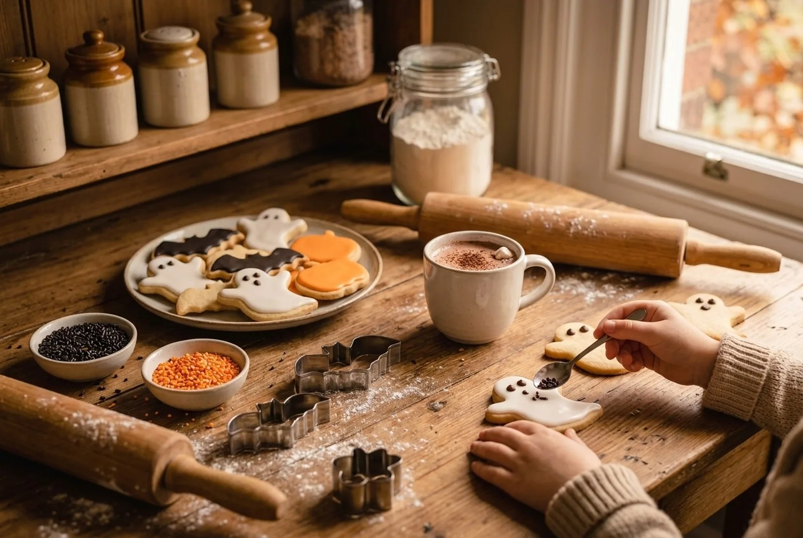 Kinderhände verzieren auf einem rustikalen Küchentisch Halloween-Plätzchen in Form von Geistern, Fledermäusen und Kürbissen mit weißem Zuckerguss, daneben Ausstecher aus Metall, Streusel in Schälchen und eine Tasse Kakao
