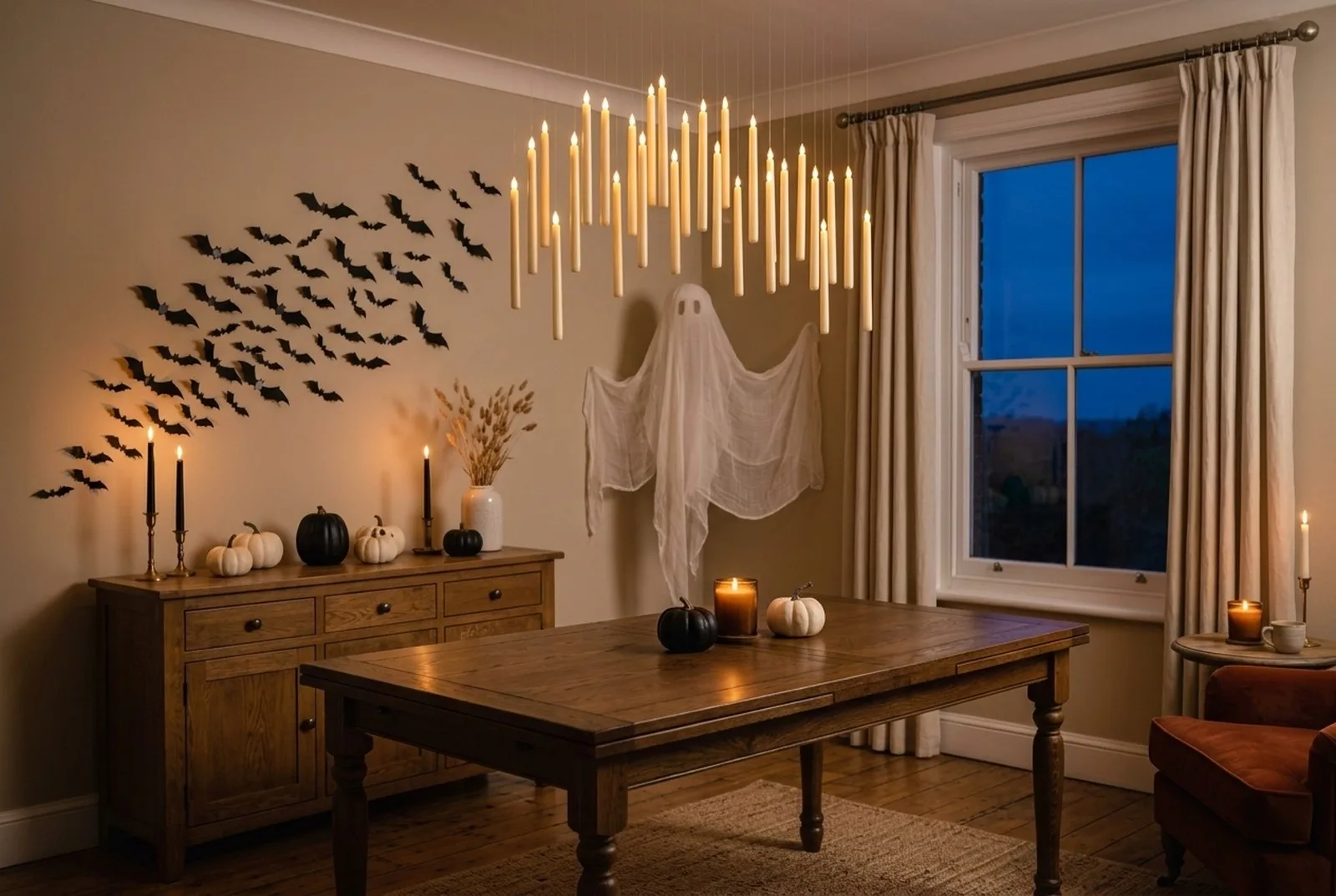 Wohnzimmer am Halloweenabend in Schwarz und Weiß: über dem Esstisch schweben weiße LED-Kerzen, an der Wand ein Schwarm schwarzer Papierfledermäuse, am Vorhang ein weißer Stoffgeist, auf dem Sideboard weiße und schwarze Kürbisse und schwarze Stabkerzen in Messing