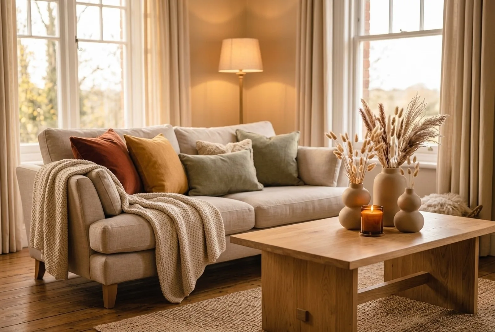 Herbstliches Wohnzimmer in warmen Farben: Leinensofa mit Kissen in Rost, Senf und Salbei, eine Strickdecke in Creme, auf dem Holztisch Keramikvasen mit Gräsern und eine brennende Kerze, Nachmittagslicht