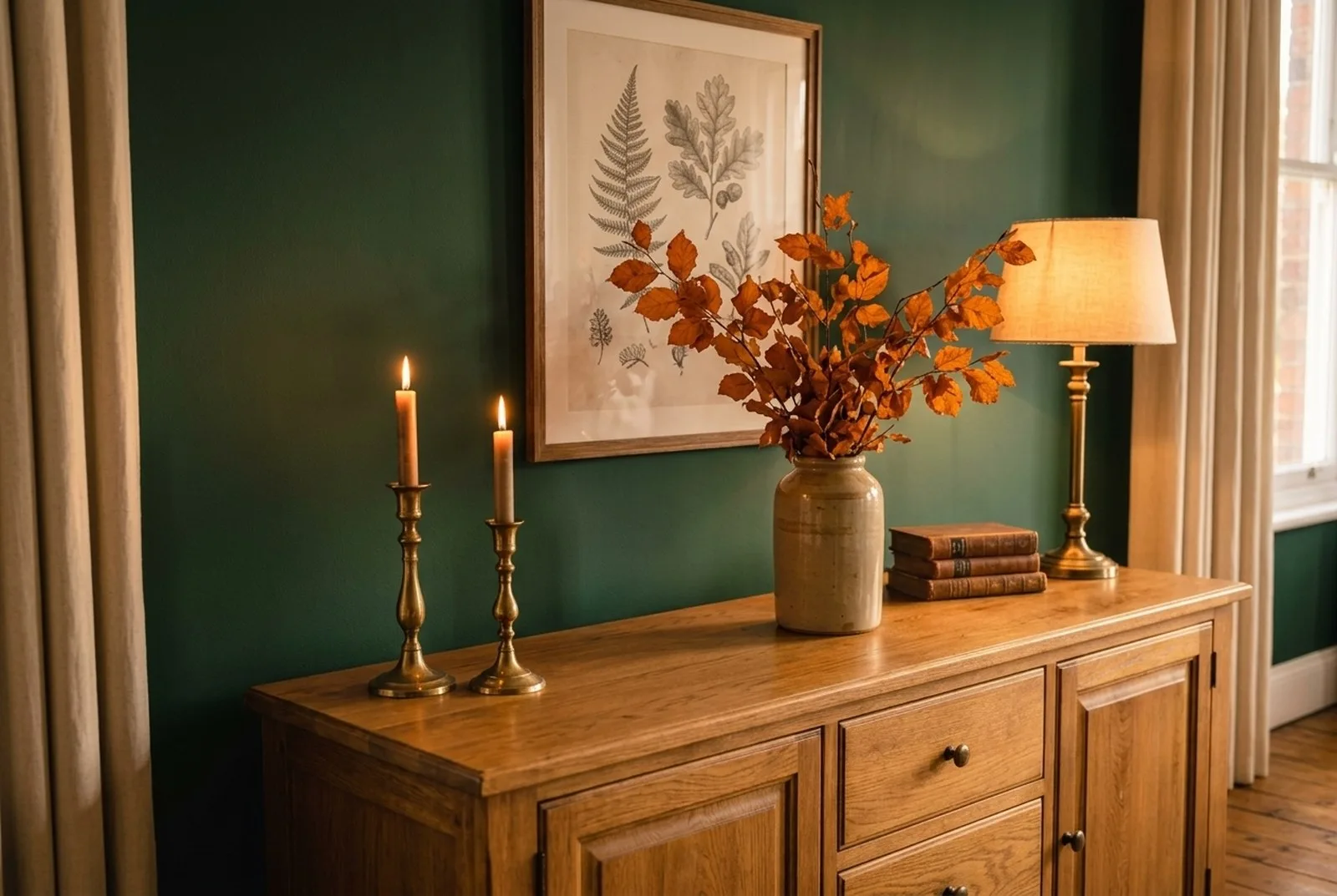 Dunkelgrüne Wand hinter einem Sideboard aus Eiche mit Messingleuchtern, brennenden Kerzen, Zweigen mit Herbstlaub in einer Vase und einem gerahmten Druck, warmes Abendlicht