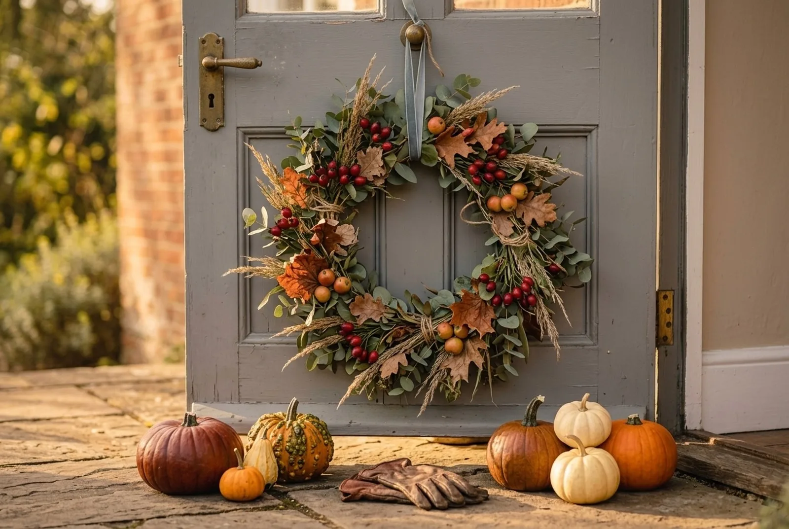 Selbst gebundener Herbstkranz aus Eukalyptus, Hagebutten, Eichenlaub, kleinen Zieräpfeln und Gräsern an einer grauen Holztür, darunter Kürbisse auf der Stufe, warmes Nachmittagslicht