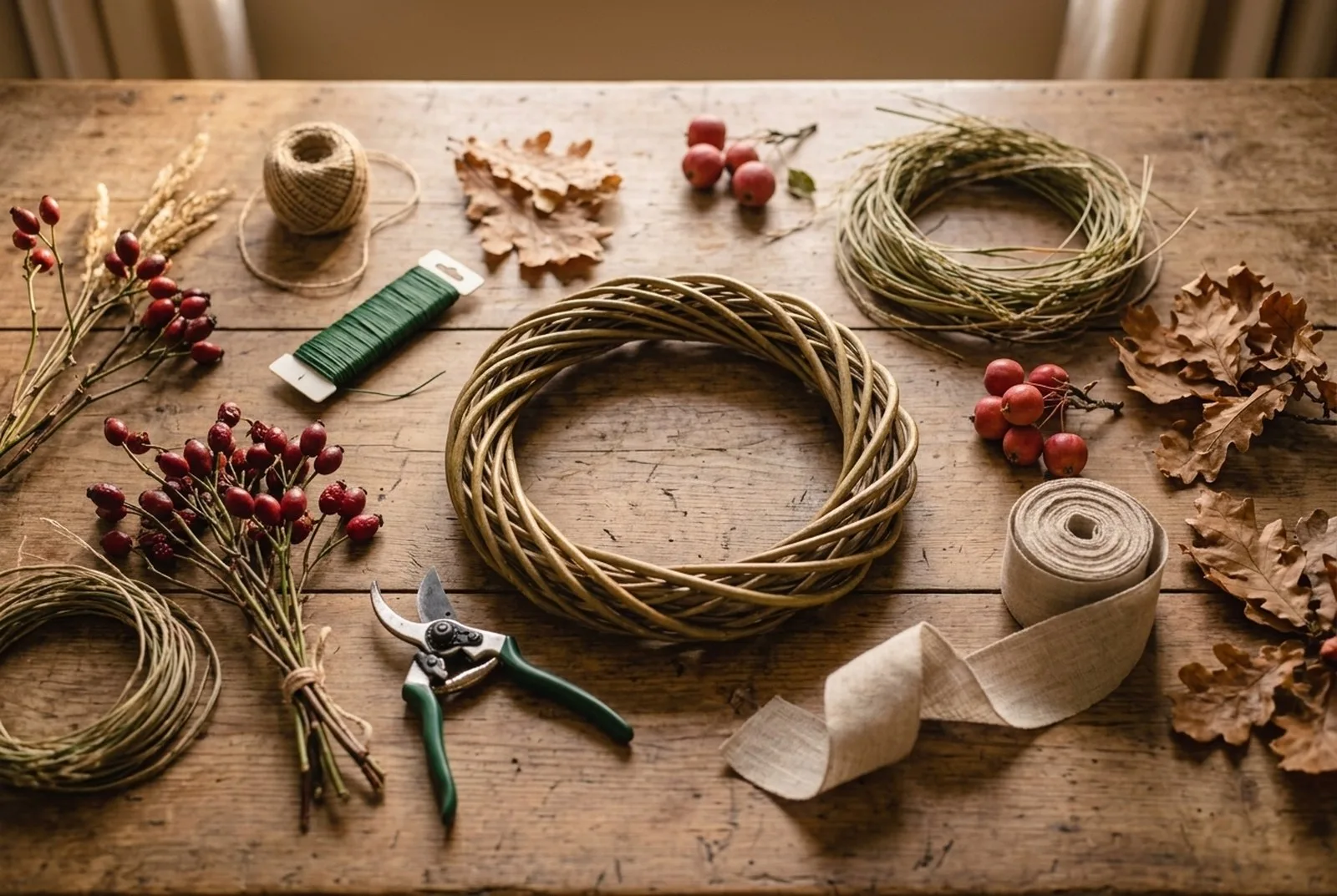 Auf einem Holztisch ausgebreitet: Kranzrohling aus Weide, Rolle grüner Draht, Gartenschere, Zweige mit Hagebutten, Eichenlaub, Gräser, Zieräpfel und ein Leinenband