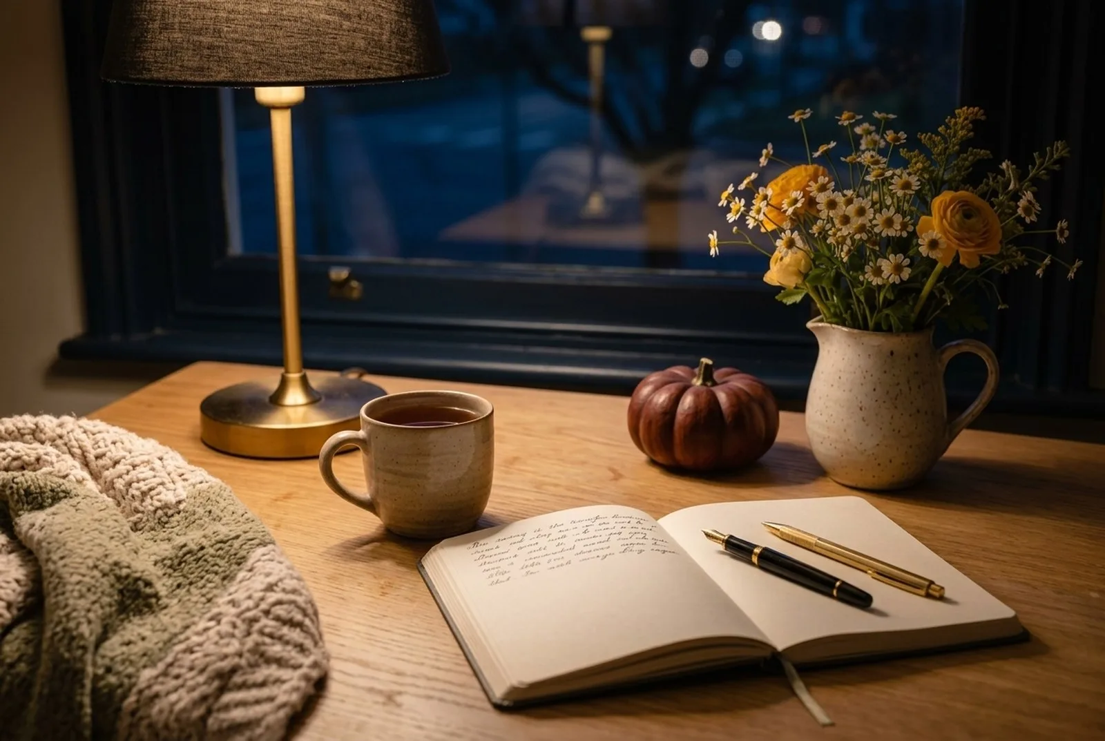 Schreibtisch am Abend mit Notizbuch, Stiften und einer Tischlampe mit warmem Licht, daneben ein kleiner Kürbis und eine Tasse Tee, draußen dunkel
