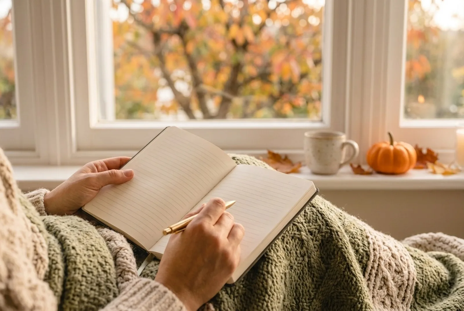 Hände halten ein Notizbuch auf dem Schoß, im Hintergrund ein Fenster mit Herbstbaum, auf der Fensterbank eine Tasse und ein Kürbis, weiches Licht