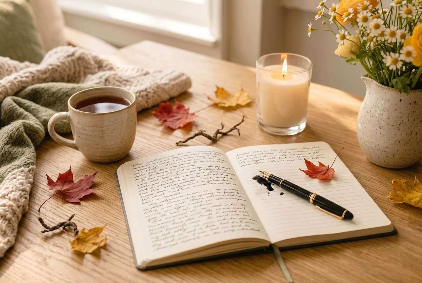 Aufgeschlagenes Notizbuch mit Handschrift auf einem Holztisch, daneben ein Füller, eine Tasse Tee, ein paar Ahornblätter und eine brennende Kerze im Nachmittagslicht