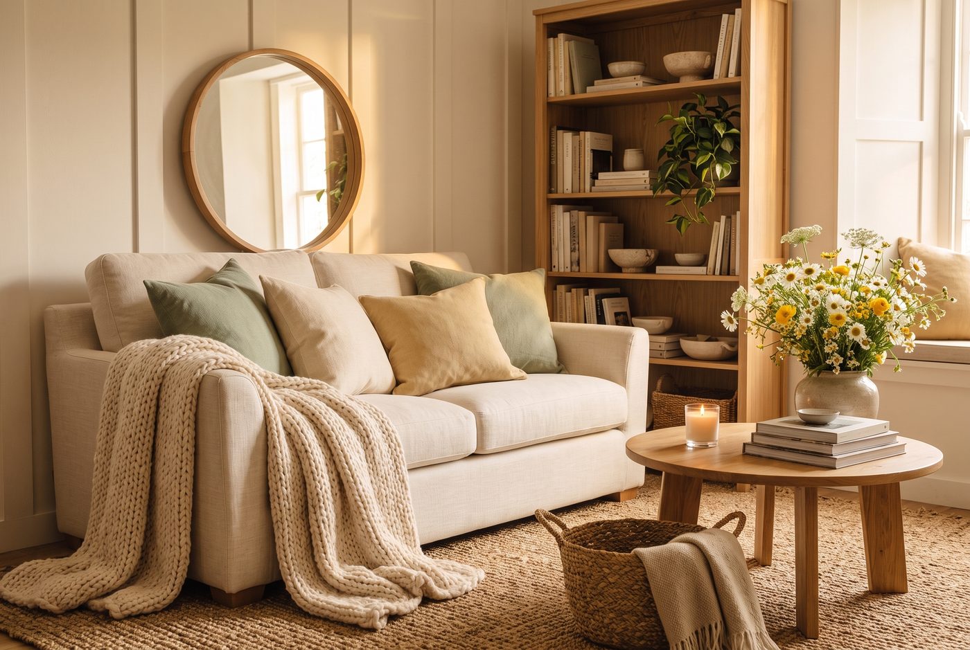 Gemütliches kleines Wohnzimmer mit cremefarbenem Sofa voller Kissen, dickem Strickplaid, vollem Bücherregal, rundem Spiegel und Wiesenblumenstrauß
