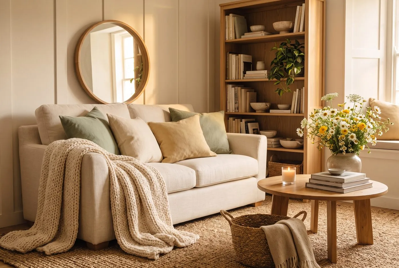 Gemütliches kleines Wohnzimmer mit cremefarbenem Sofa voller Kissen, dickem Strickplaid, vollem Bücherregal, rundem Spiegel und Wiesenblumenstrauß