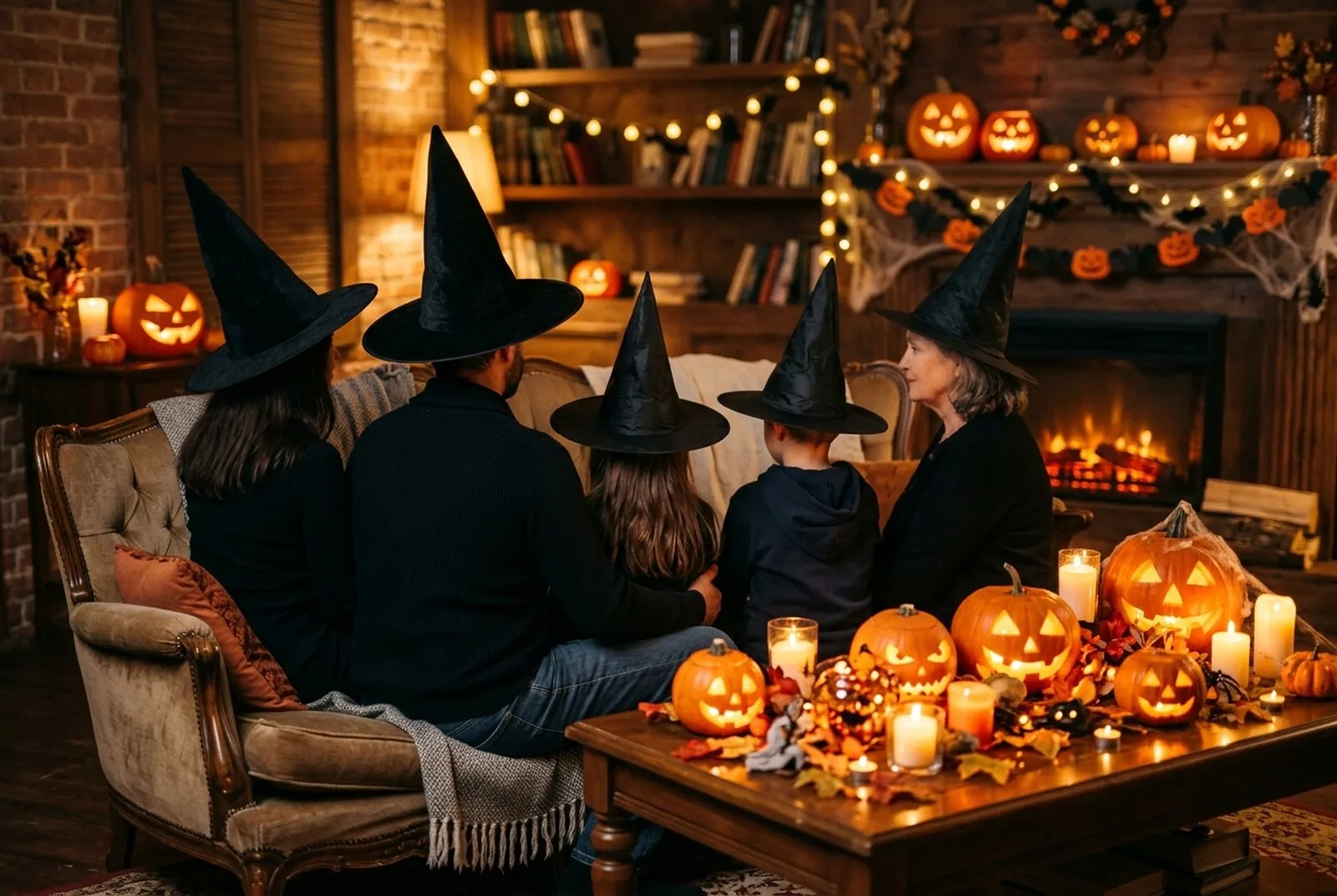 Familie von hinten in einem Wohnzimmer mit Halloween-Deko: Erwachsene und Kinder als Hexen mit spitzen Hüten, auf dem Tisch leuchtende Kürbisse und Kerzen