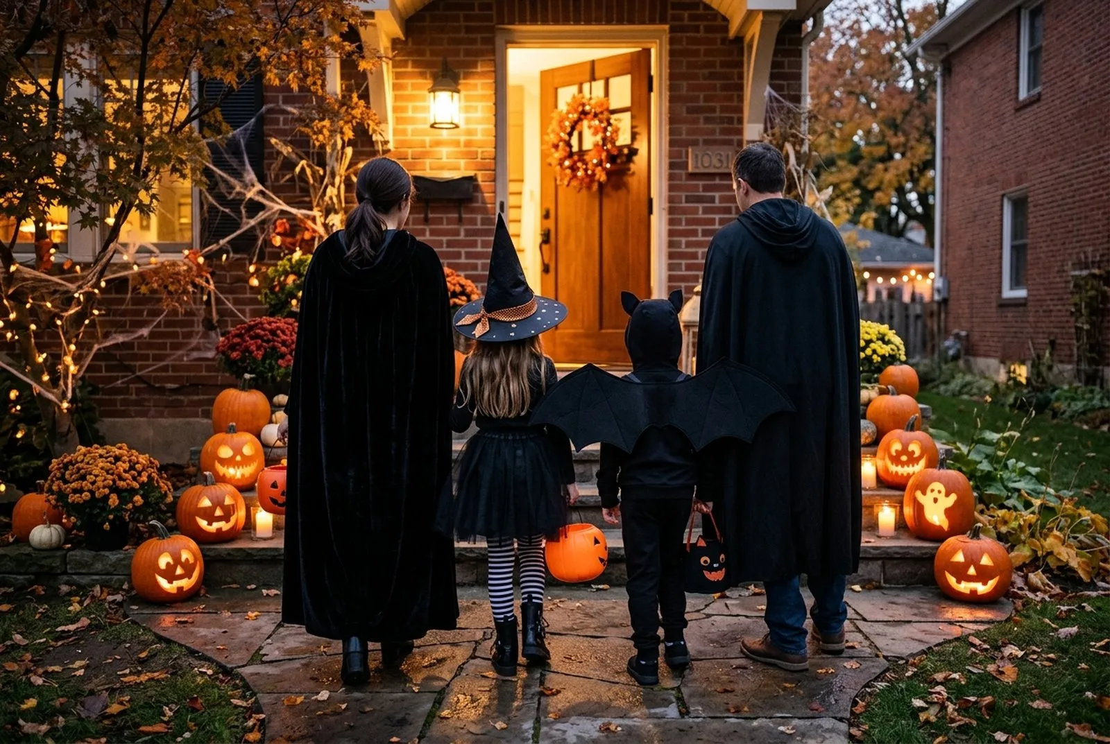 Familie von hinten auf dem Weg zur Haustür am Halloween-Abend: ein Kind als Hexe mit Hut und Tüllrock, ein Kind als Fledermaus mit schwarzen Flügeln, zwei Erwachsene in schwarzen Umhängen, Kürbisse mit Licht auf den Stufen