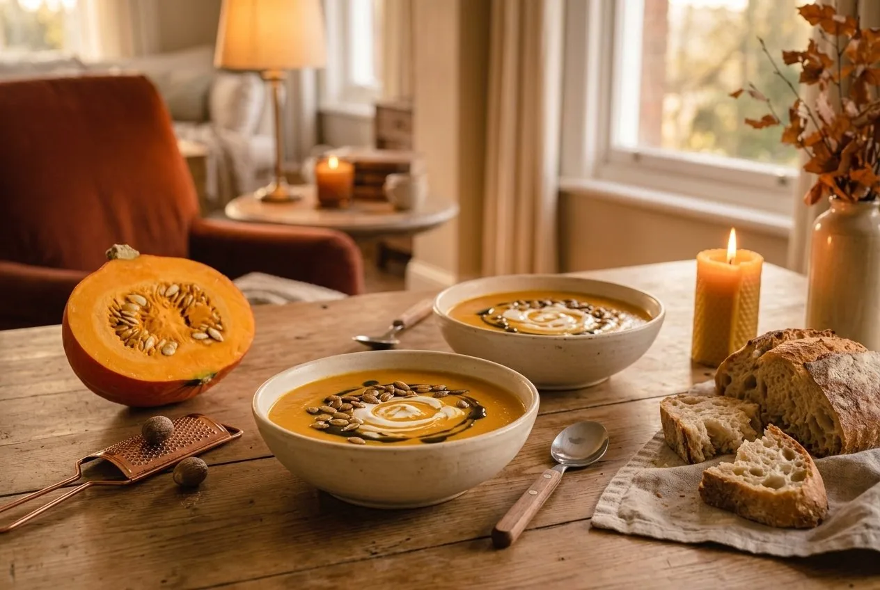 Kürbissuppe in hellen Keramikschalen auf einem Holztisch, darauf Kürbiskerne, Kürbiskernöl und Schmand, daneben ein halbierter Hokkaido, frisches Brot und eine brennende Kerze