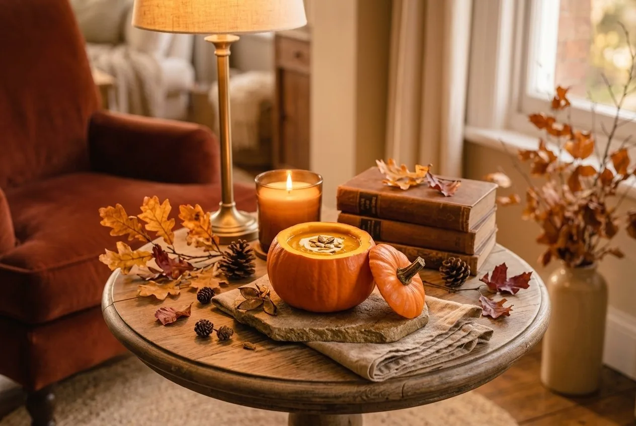 Kürbissuppe serviert in einem ausgehöhlten kleinen Kürbis mit Deckel auf einem herbstlich gedeckten Tisch mit Kerzen, Zweigen und Leinenservietten