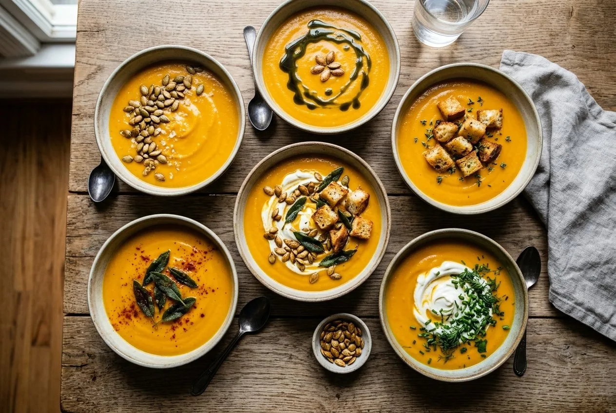 Draufsicht auf Schalen mit Kürbissuppe und verschiedenen Toppings: geröstete Kürbiskerne, Kürbiskernöl, knusprige Croutons, Schmand mit Kräutern und gebratener Salbei