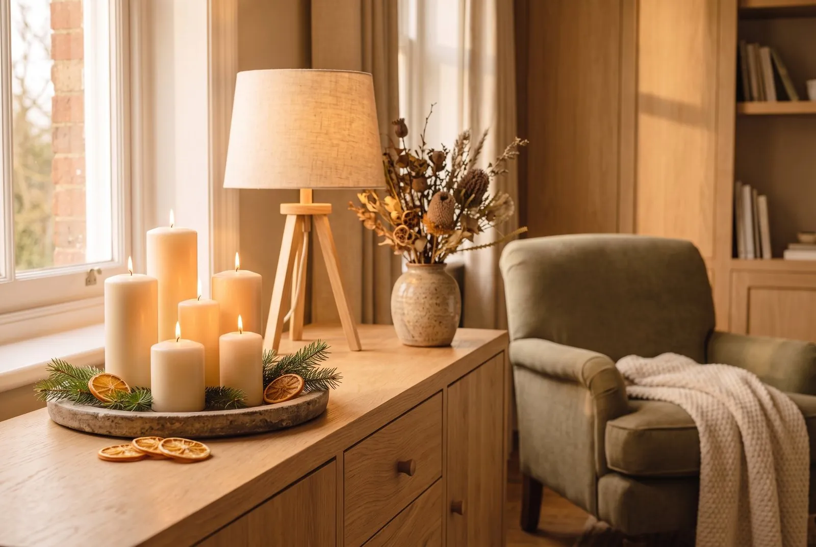 Stumpenkerzen in verschiedenen Höhen auf einem runden Tablett mit Tannenzweigen und Orangenscheiben auf einem Sideboard, daneben eine Tischlampe mit Leinenschirm, Trockenblumen und ein Sessel mit Strickdecke