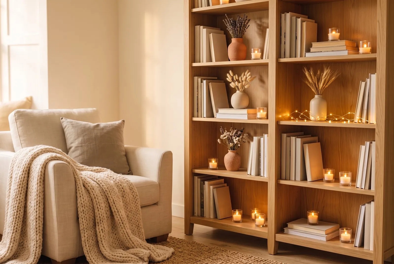 Bücherregal aus Eiche mit vielen Teelichtern in Gläsern, Keramikvasen, Trockenblumen und einer Lichterkette, davor ein Sessel mit Strickdecke