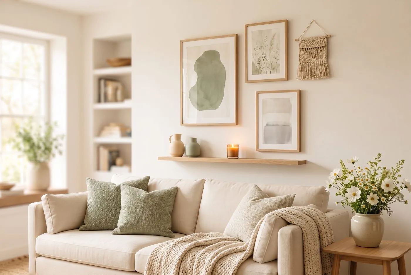 Helle Wand über einem cremefarbenen Sofa mit drei angelehnten Holzrahmen, einem gewebten Wandbehang und einem schmalen Regal mit Vasen