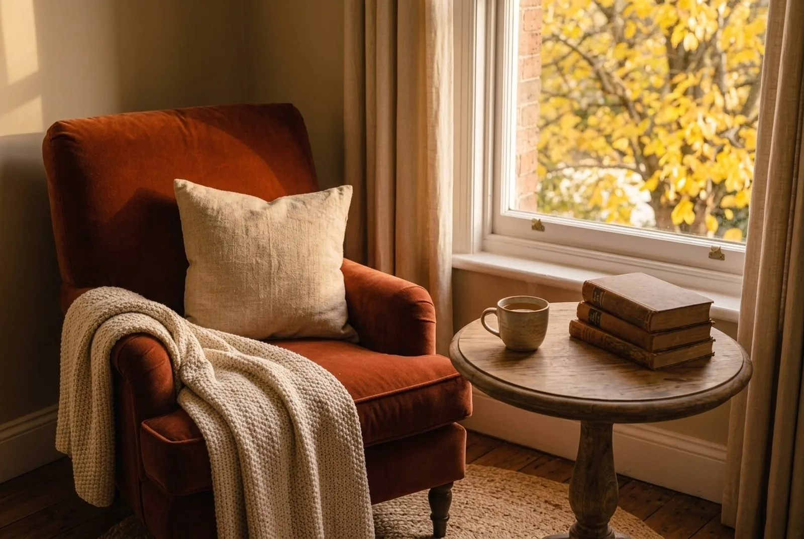 Kleiner Sessel am Fenster mit Leinenkissen und Wolldecke, daneben ein runder Beistelltisch mit Teetasse und Buchstapel, draußen Herbstlaub im Nachmittagslicht
