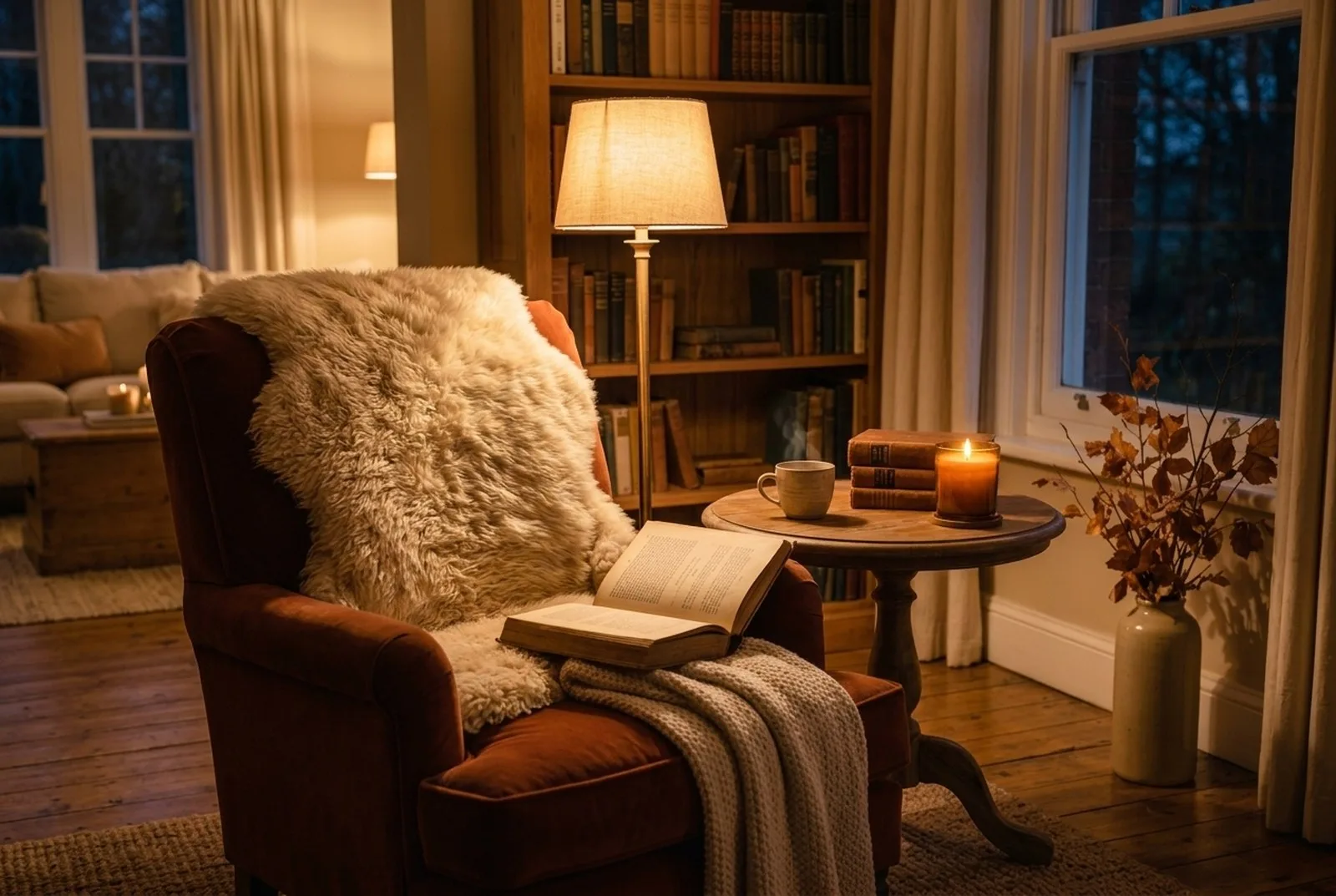 Gemütliche Leseecke am Abend: Sessel mit Lammfell und Strickdecke, daneben eine Stehlampe mit warmem Licht, ein kleiner Beistelltisch mit Tee, Buch und Kerze, dahinter ein Bücherregal
