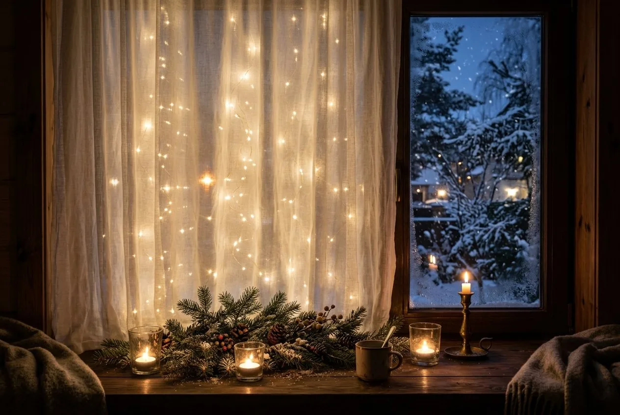Fenster am Abend mit einem Lichtervorhang aus warmweißen Lichtern hinter einem leichten Leinenvorhang, davor eine Fensterbank mit Kerzen und einem Tannenzweig