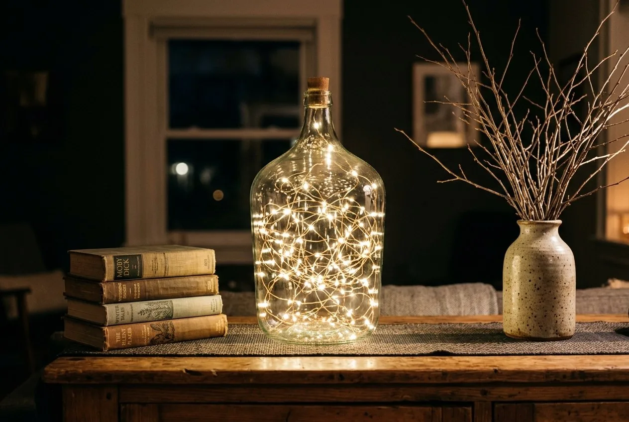 Große Glasflasche mit einer leuchtenden Microlichterkette auf einem Holzsideboard neben einem Stapel Bücher und einer Keramikvase mit Zweigen im Dunkeln