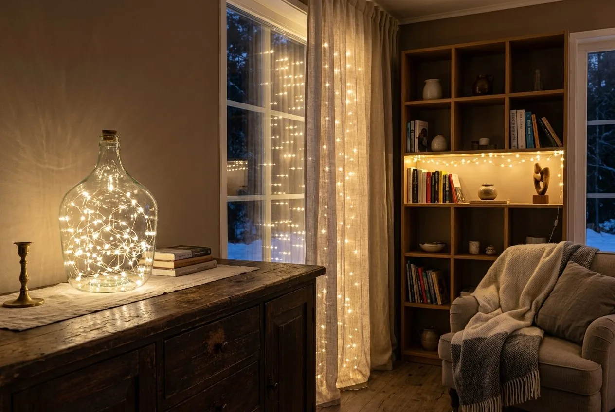 Gemütliches Wohnzimmer am Abend mit einer Microlichterkette in einer großen Glasflasche auf dem Sideboard, einem Lichtervorhang hinter einem Leinenvorhang am Fenster und einer Lichterkette in einem Bücherregal, alles in warmweißem Licht