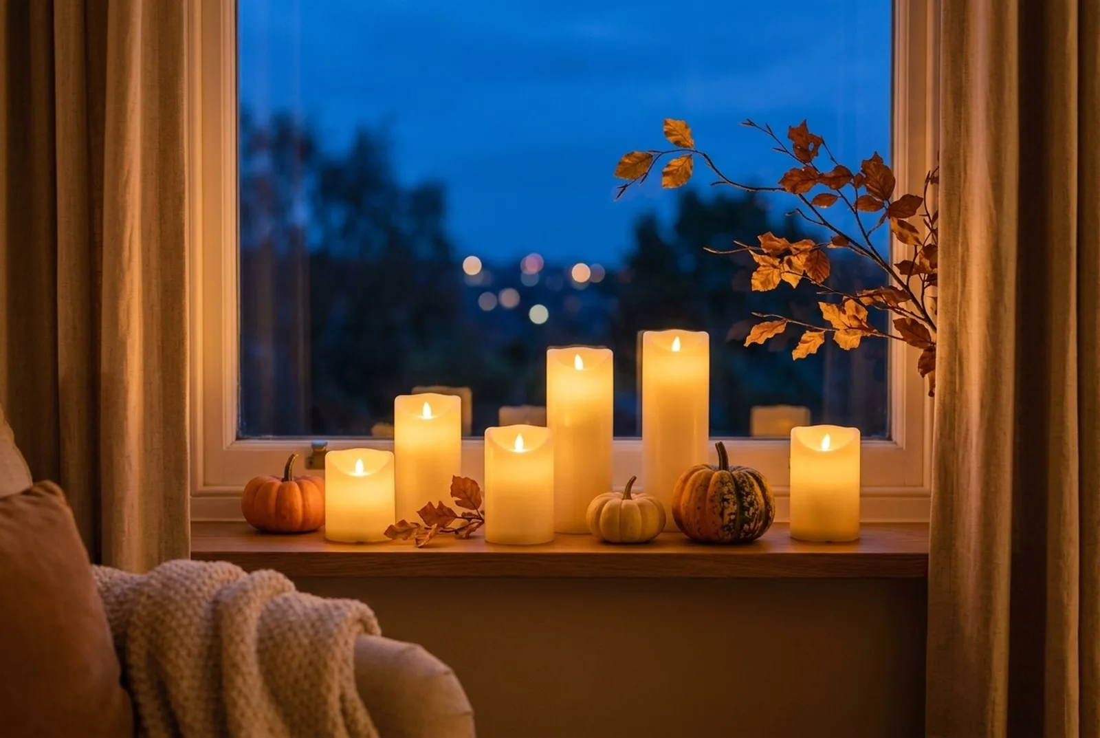 Fensterbank am Abend mit mehreren LED-Kerzen aus Echtwachs in unterschiedlichen Höhen, kleine Kürbisse und ein Zweig mit Herbstlaub, dahinter die blaue Stunde