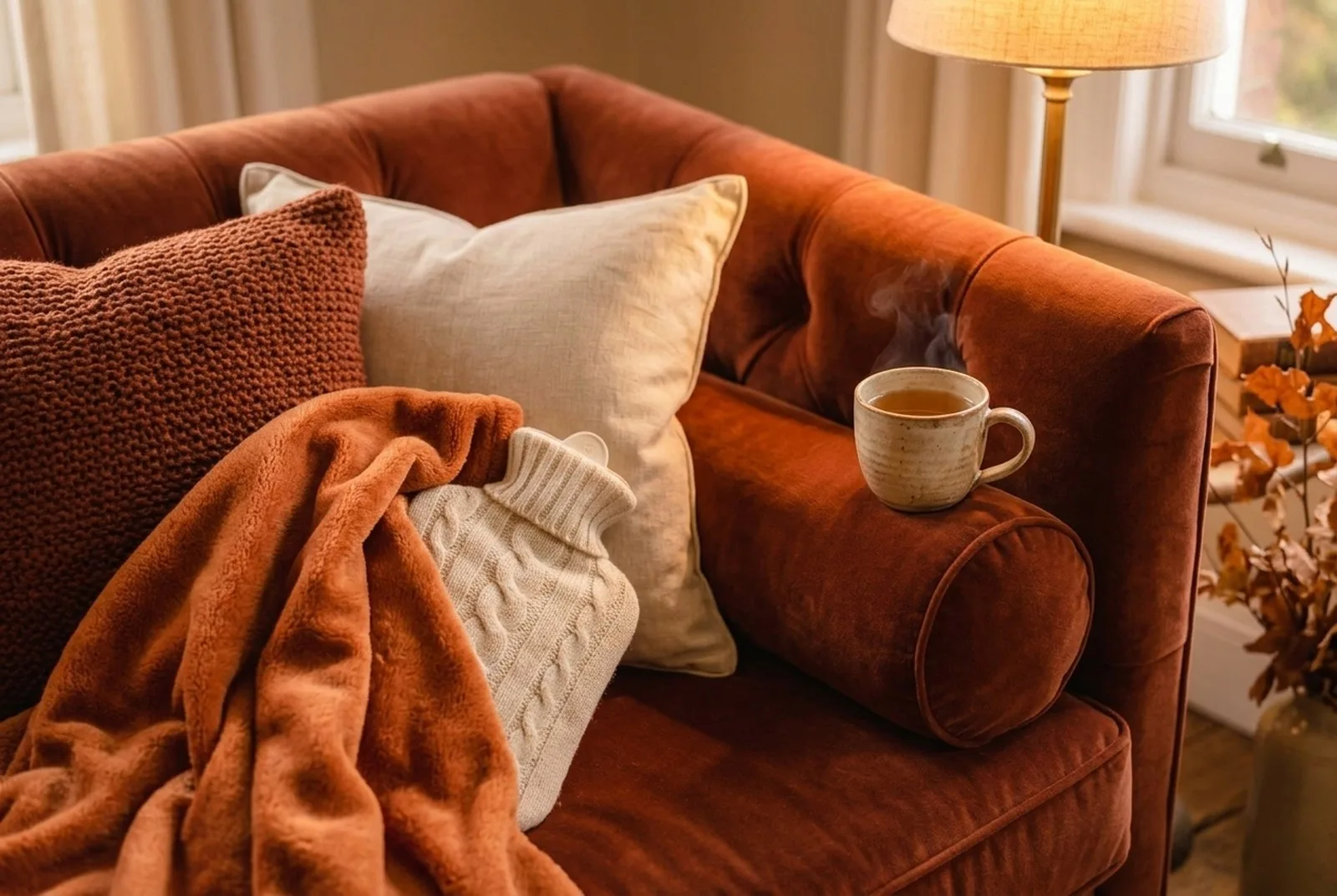 Nahaufnahme einer Sofaecke mit Kissen in Rost und Creme, einer orangefarbenen Fleecedecke, einer Wärmflasche im Strickbezug und einem Becher Tee auf der Armlehne