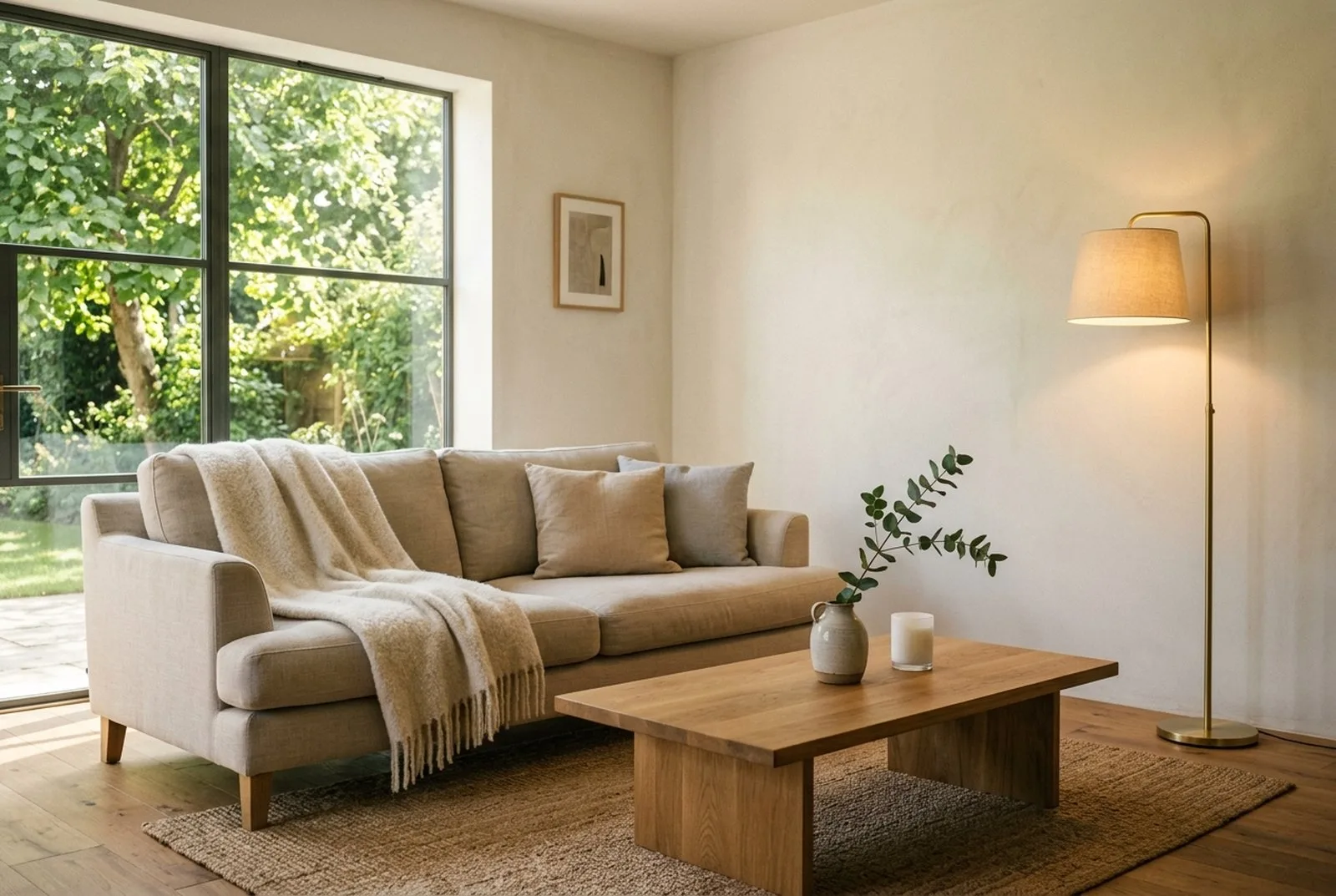 Minimalistisches, gemütliches Wohnzimmer mit hellem Leinensofa, einer Wolldecke, einem Holzcouchtisch mit nur einer Vase und einer Kerze, einer Stehlampe mit warmem Licht und viel freiem Raum, Nachmittagssonne