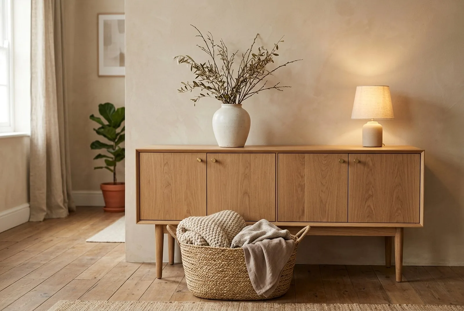 Schlichtes Holzsideboard mit geschlossenen Türen, darauf nur eine Keramikvase mit Zweigen und eine kleine Lampe, darunter ein geflochtener Korb mit Decken
