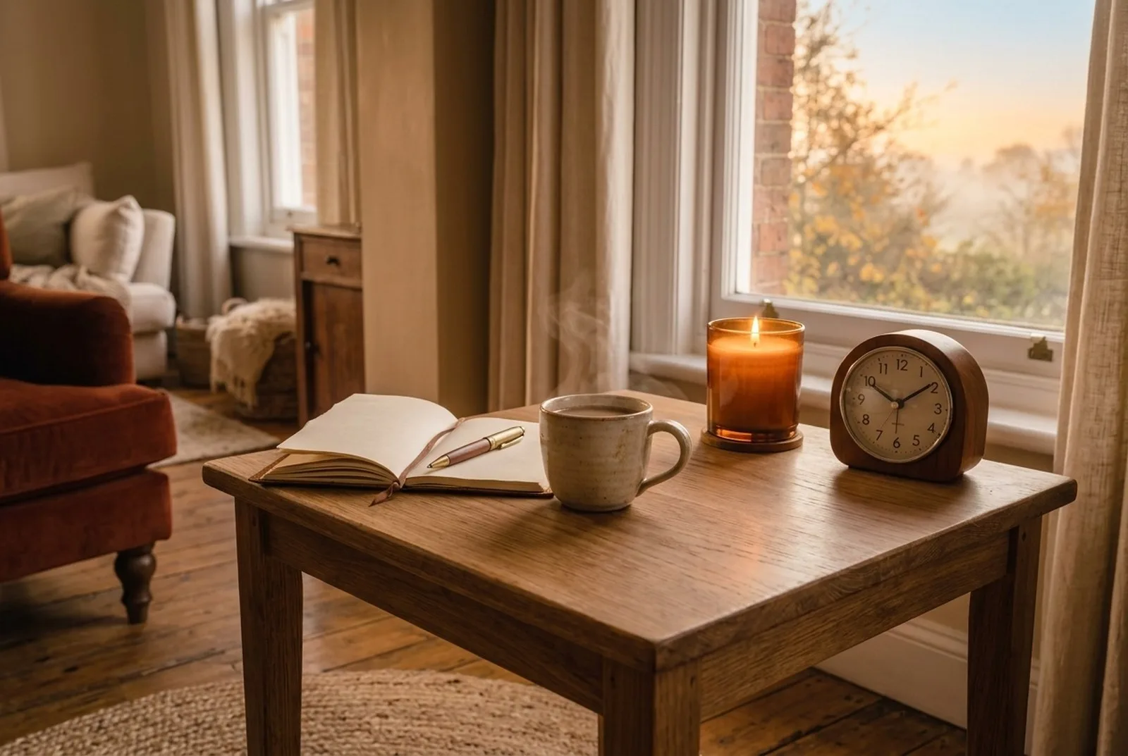 Frühstückstisch am frühen Morgen im Herbst: eine Tasse Kaffee in heller Keramik, ein aufgeschlagenes Notizbuch mit Stift, eine brennende Kerze und ein analoger Wecker aus Holz, draußen Morgendämmerung